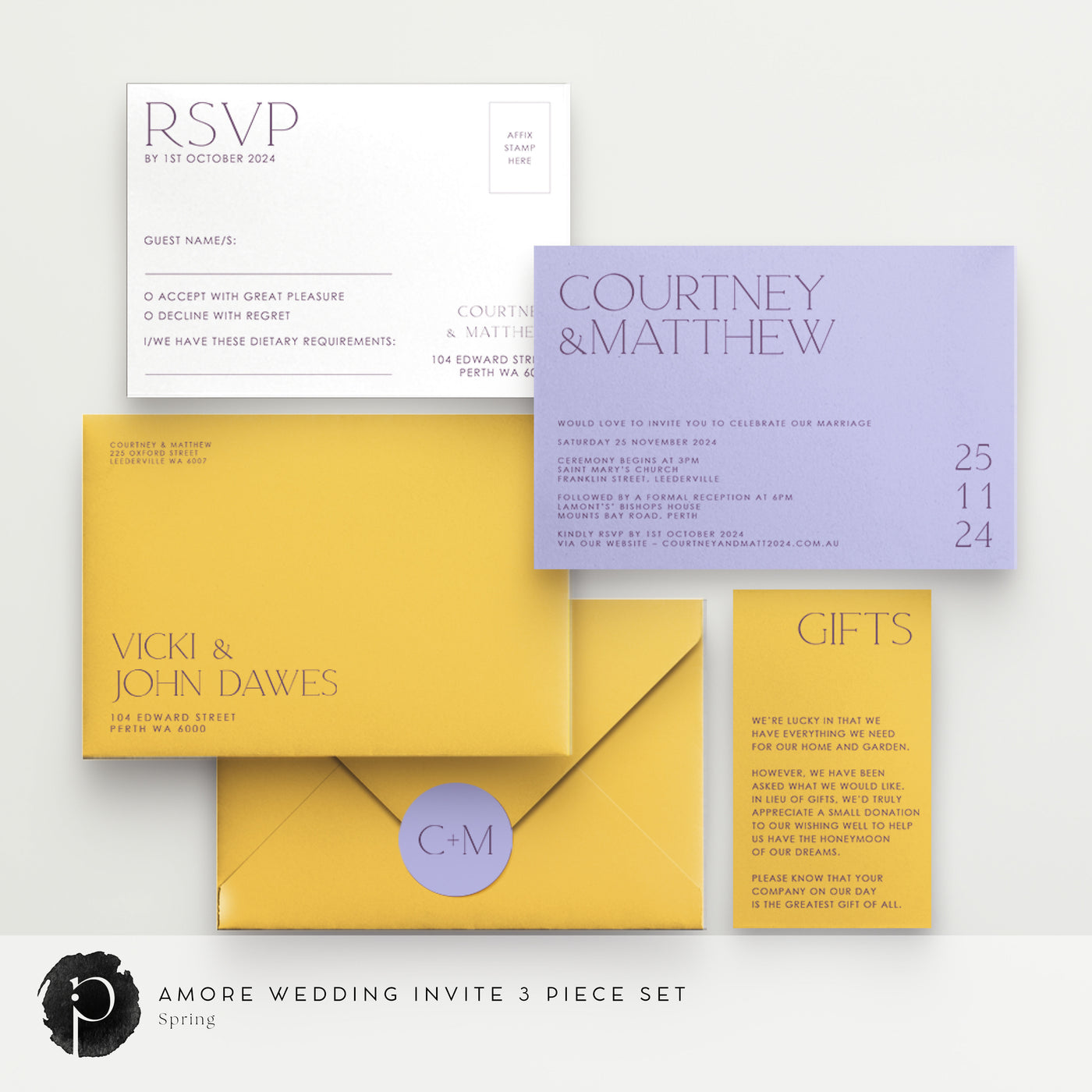 Amore - Wedding Invitation, RSVP Card & Gift/Wishing Well Card Set