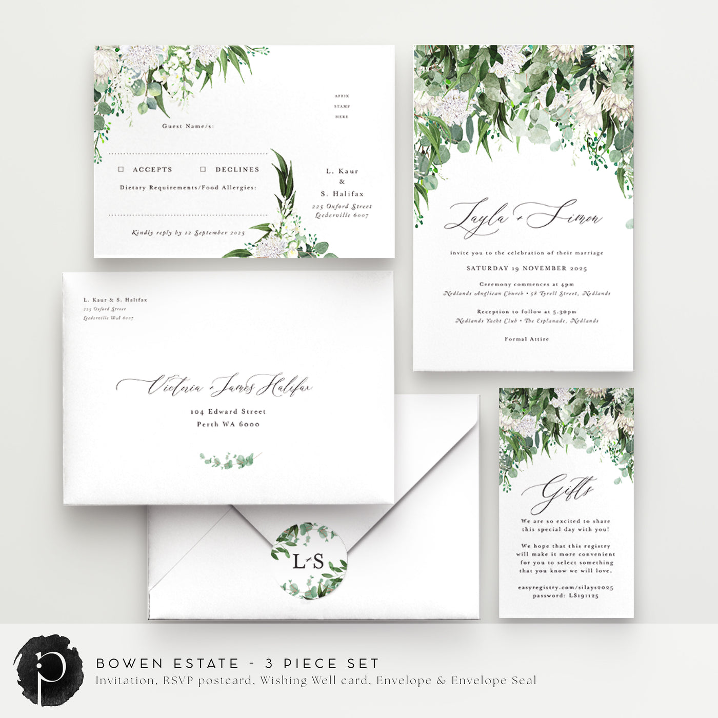 Bowen Estate - Wedding Invitation, RSVP Card & Gift/Wishing Well Card Set