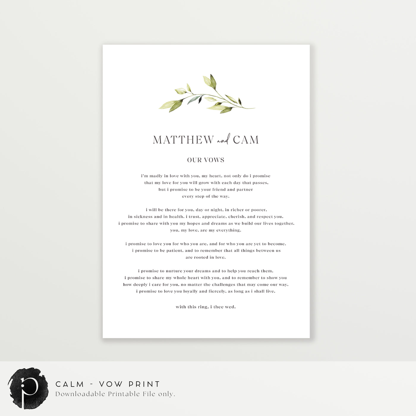 Calm - Wedding Vow Keepsake