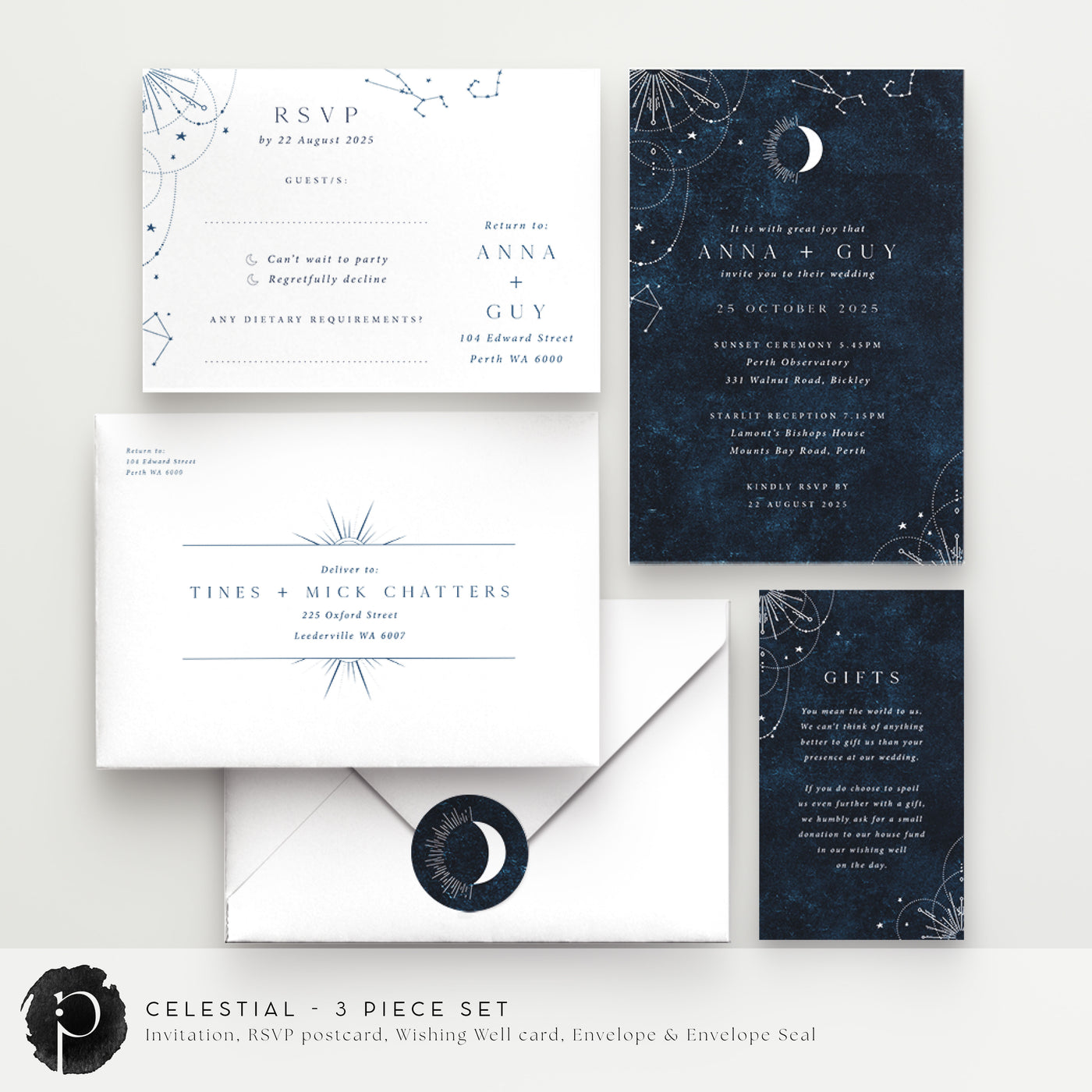 Celestial - Wedding Invitation, RSVP Card & Gift/Wishing Well Card Set