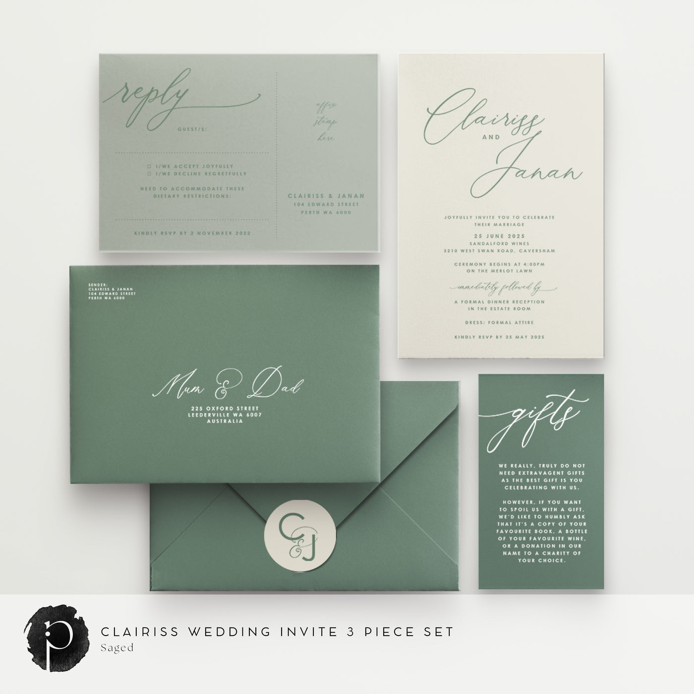 Clairiss - Wedding Invitation, RSVP Card & Gift/Wishing Well Card Set