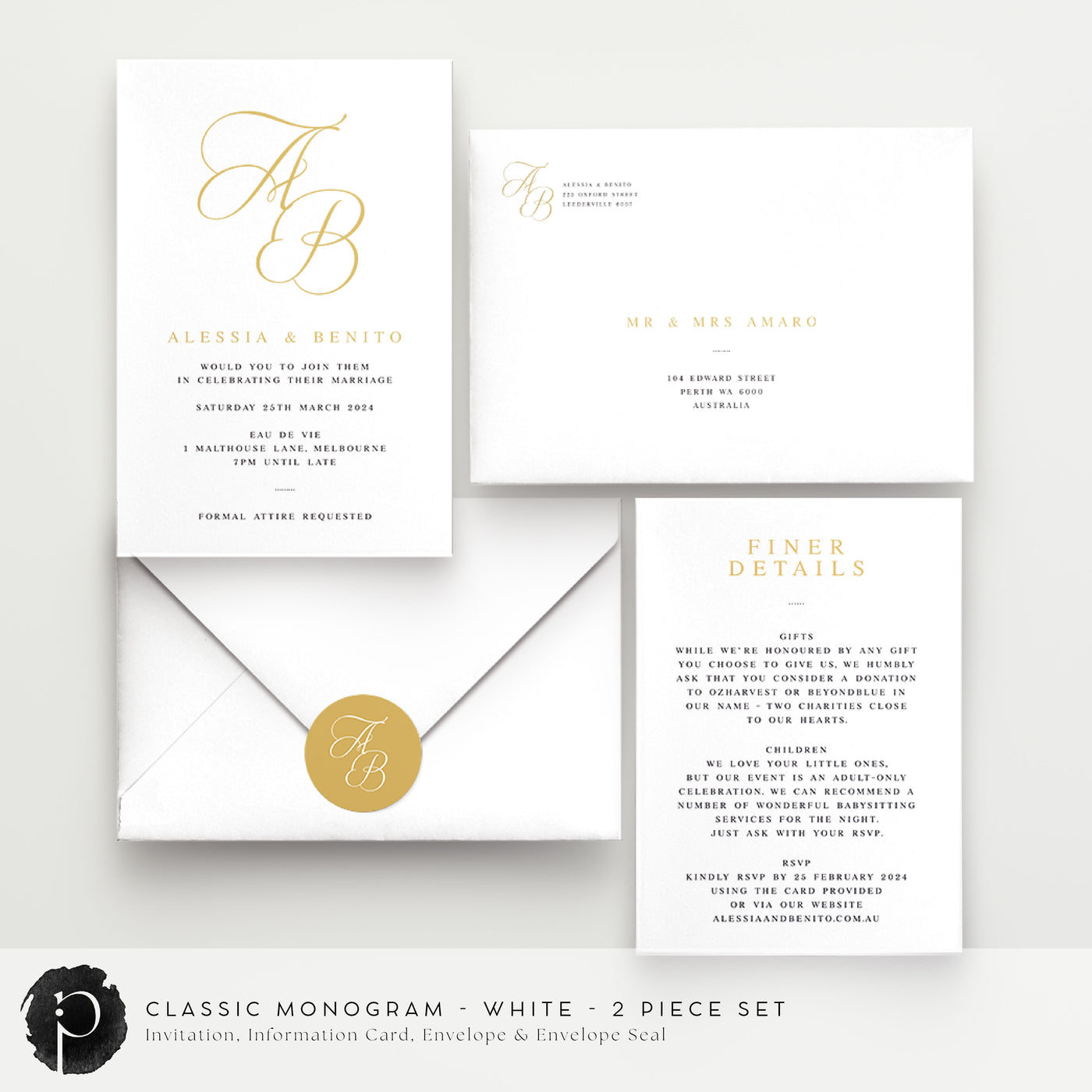Classic Monogram - Wedding Invitation & Information/Details Card Set