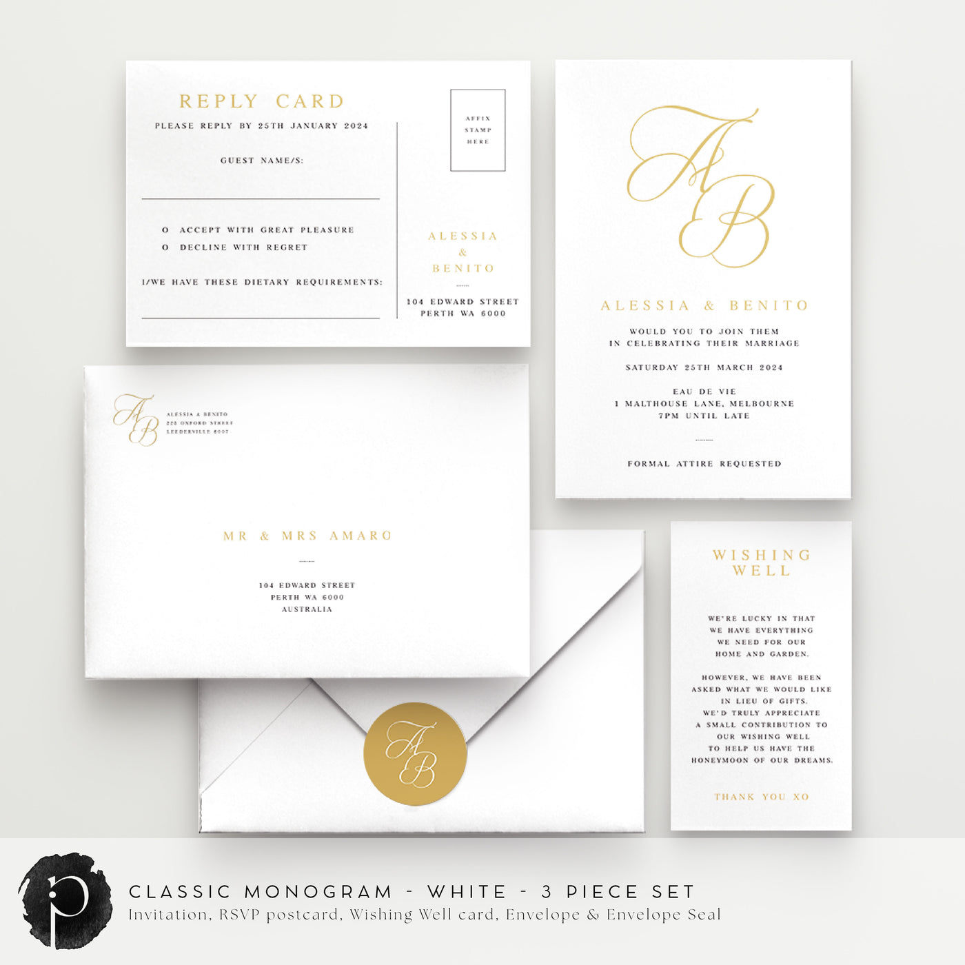 Classic Monogram - Wedding Invitation, RSVP Card & Gift/Wishing Well Card Set