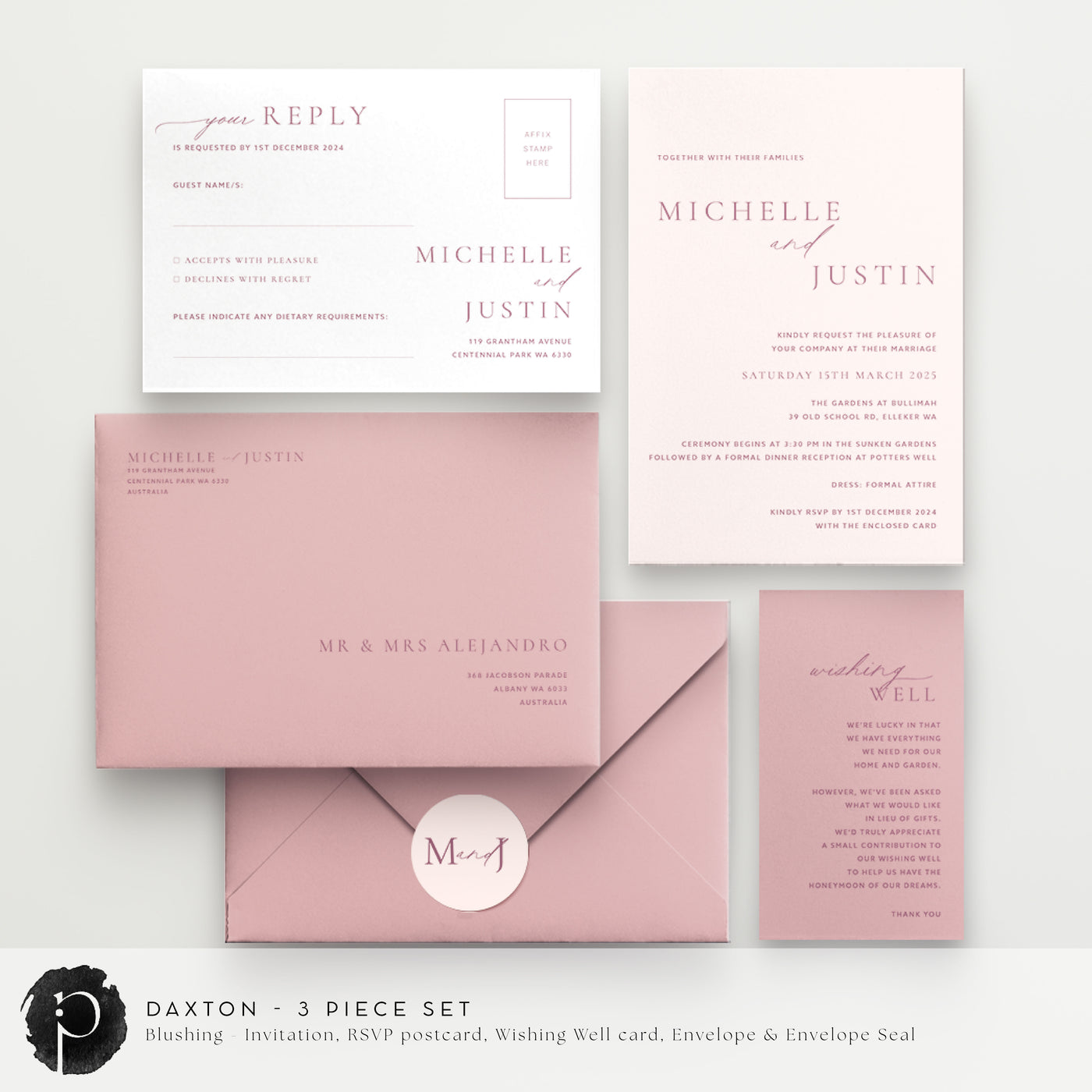 Daxton - Wedding Invitation, RSVP Card & Gift/Wishing Well Card Set