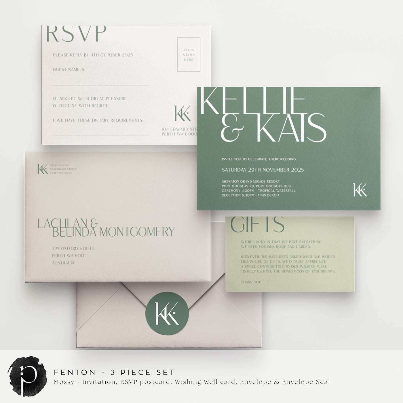 Fenton - Wedding Invitation, RSVP Card & Gift/Wishing Well Card Set