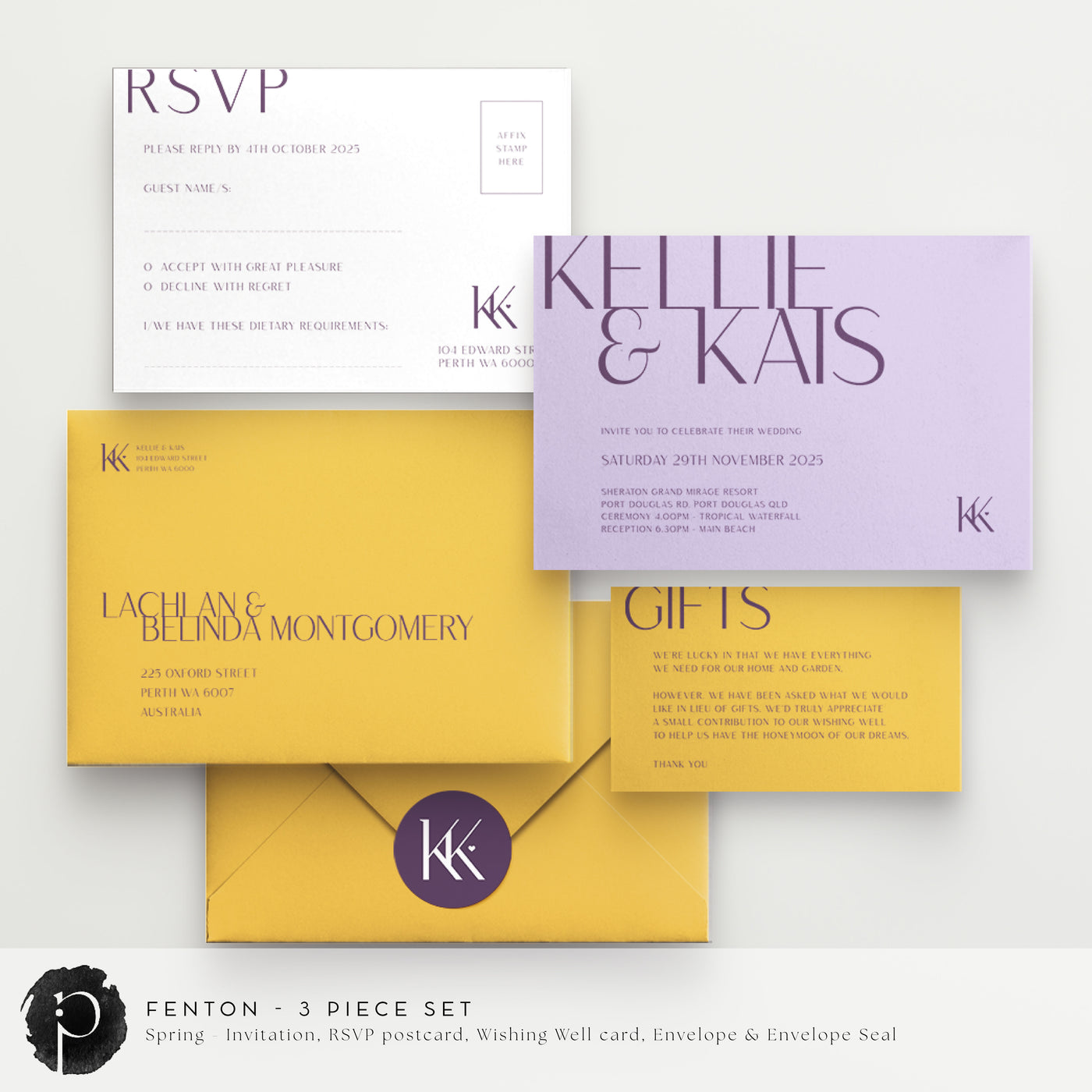 Fenton - Wedding Invitation, RSVP Card & Gift/Wishing Well Card Set