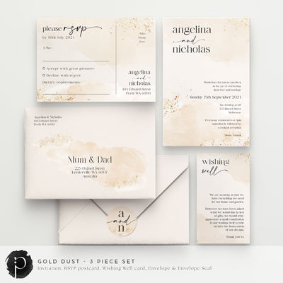 Gold Dust - Wedding Invitation, RSVP Card & Gift/Wishing Well Card Set