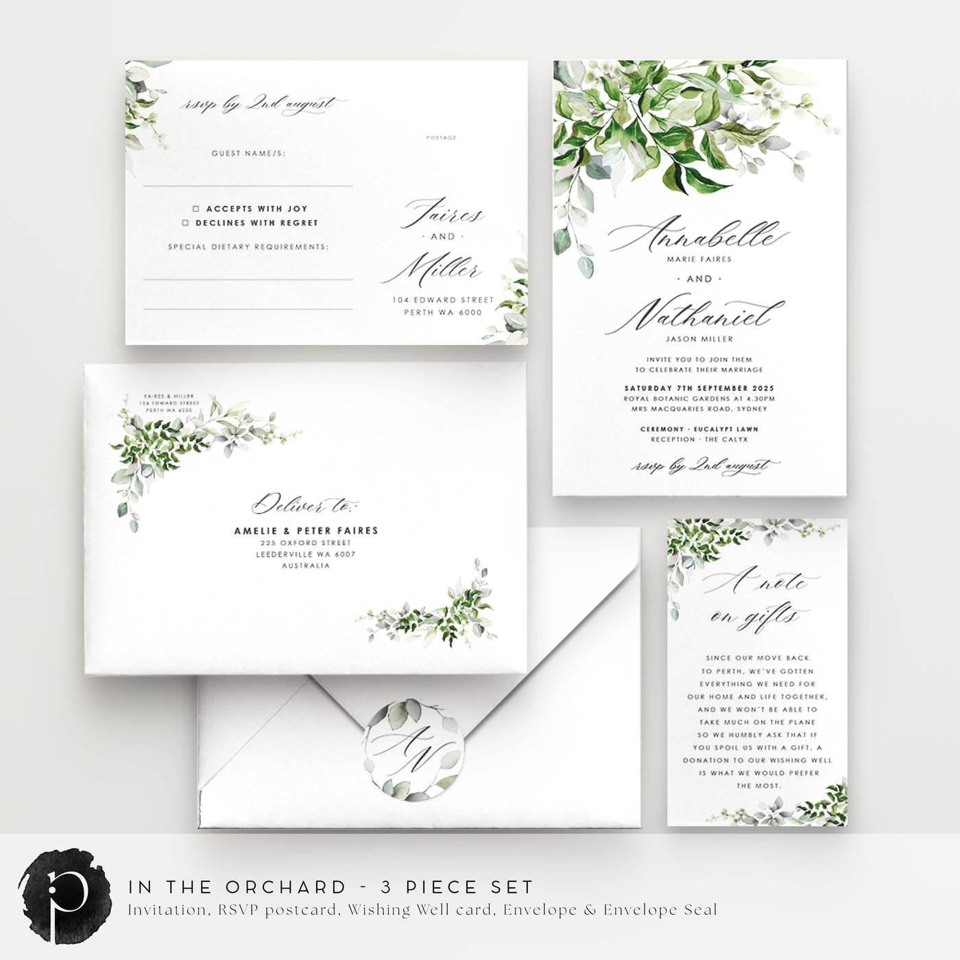 In The Orchard - Wedding Invitation, RSVP Card & Gift/Wishing Well Card Set