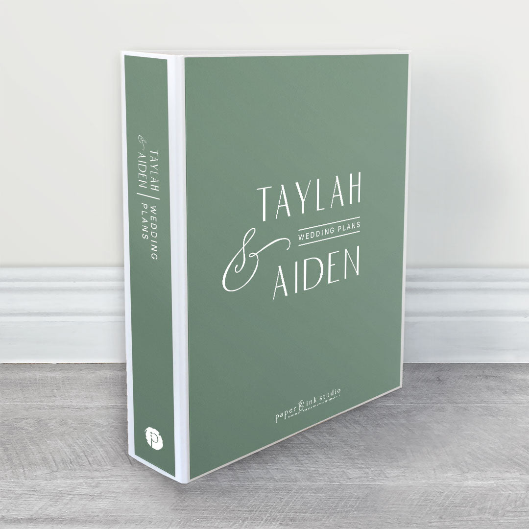 A wedding planner, guide and organiser in a formal modern design with white text on a dark sage green background