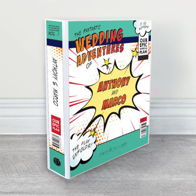 A wedding planner, guide and organiser in a comic book wedding theme or geeky wedding design in teal, aqua, orange, lemon yellow and navy blue