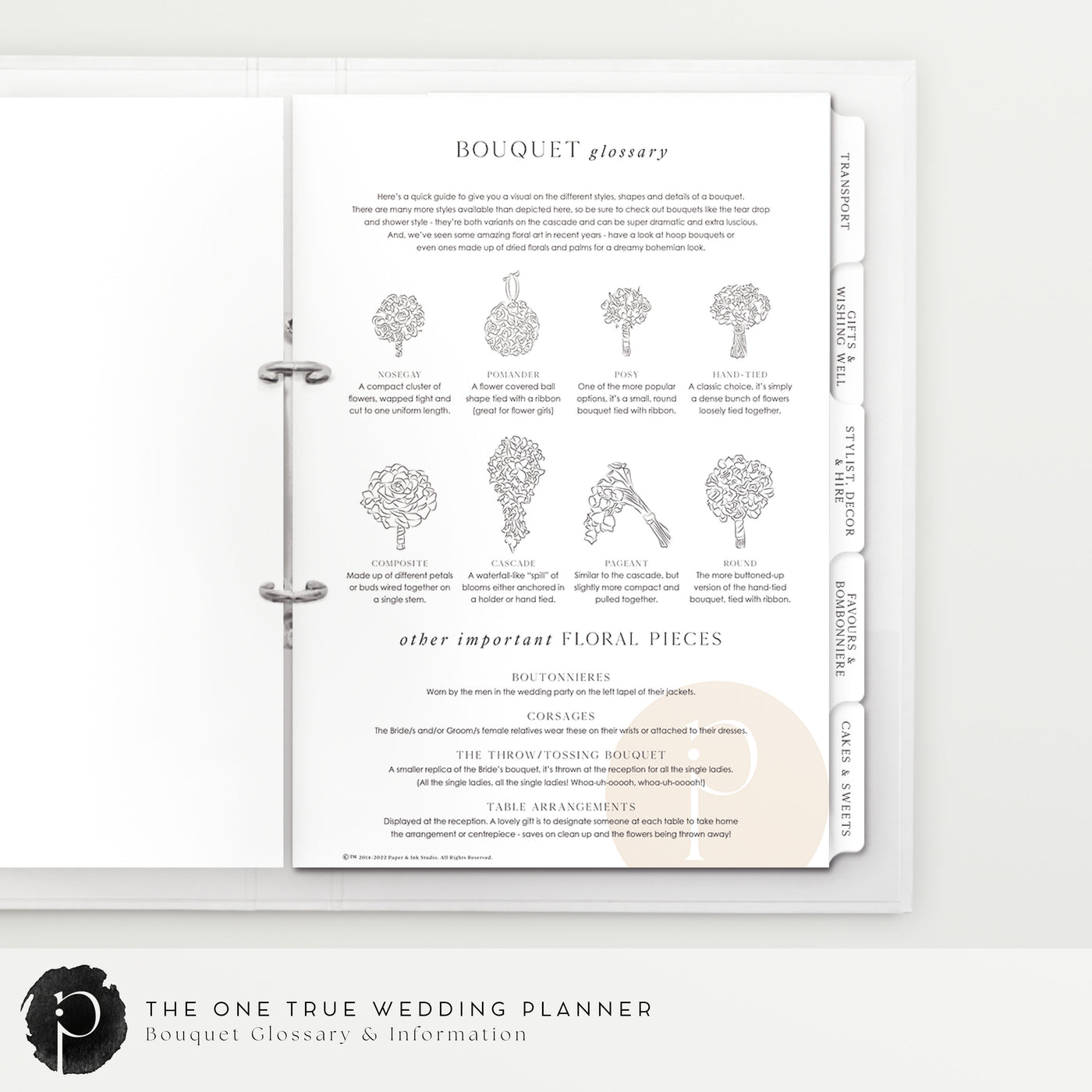 An example image of some of the wedding florist and wedding bouquet information you can find in the wedding planner and organiser file made by Paper and Ink Studio.