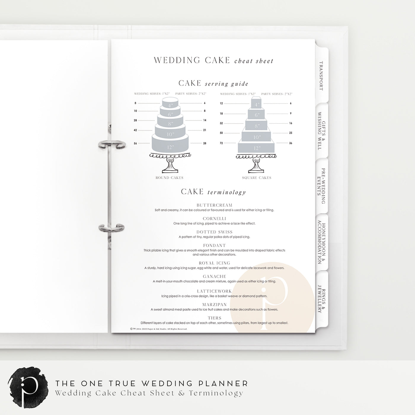 An example of one of the wedding cake and wedding dessert information pages you can find in the wedding planner and organiser made by Paper and Ink Studio.