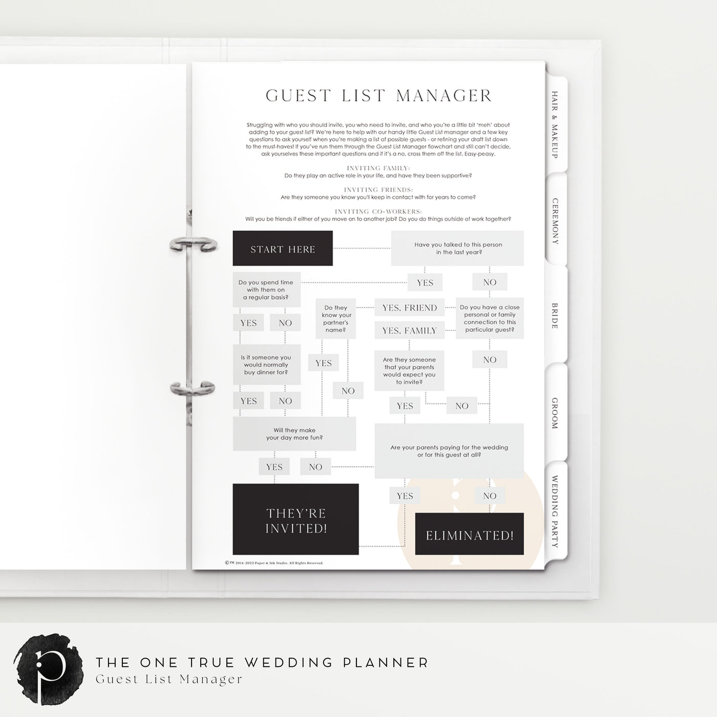 An example image of the guest list manager flow chart information page you can find in the wedding planner and organiser made by Paper and Ink Studio