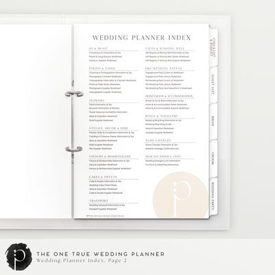 An example image of the second index page of the wedding planner and organiser made by Paper and Ink Studio, with a list of all the wedding information and wedding planning tools included in it.
