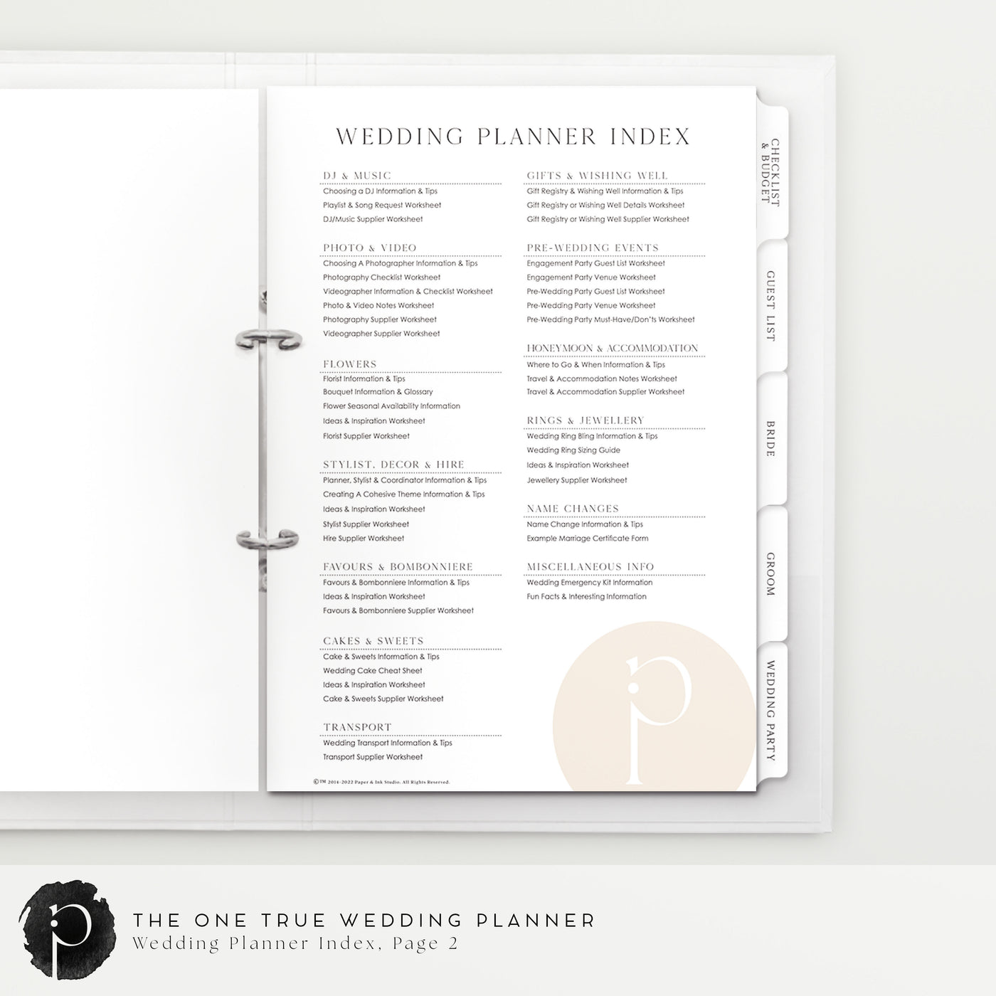 An example image of the seond index page of the wedding planner and organiser made by Paper and Ink Studio, with a list of all the wedding information and wedding planning tools included in it.