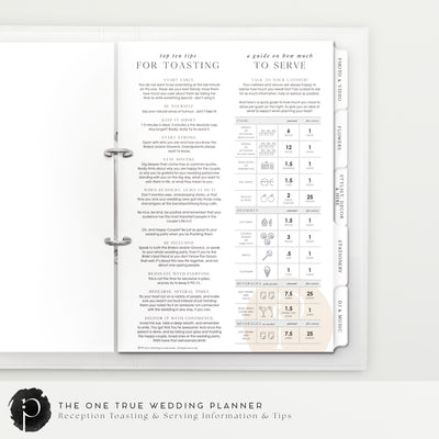 An example image of wedding reception toasting and serving tip pages in the wedding planner and organiser made by Paper and Ink Studio