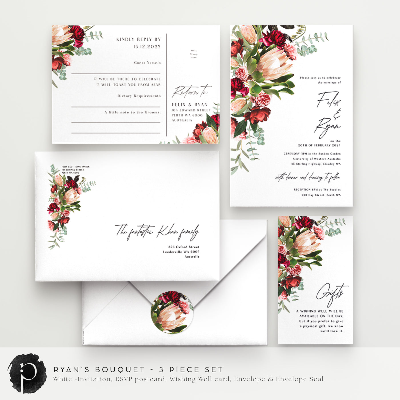 Ryan's Bouquet - Wedding Invitation, RSVP Card & Gift/Wishing Well Card Set