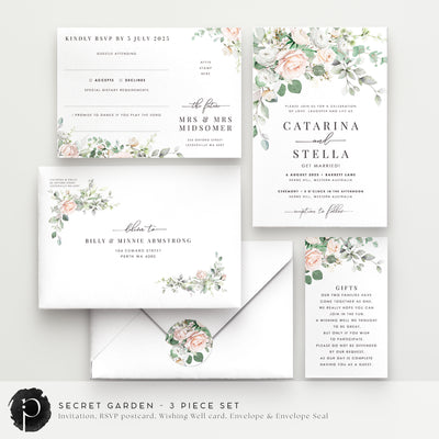 Secret Garden - Wedding Invitation, RSVP Card & Gift/Wishing Well Card Set