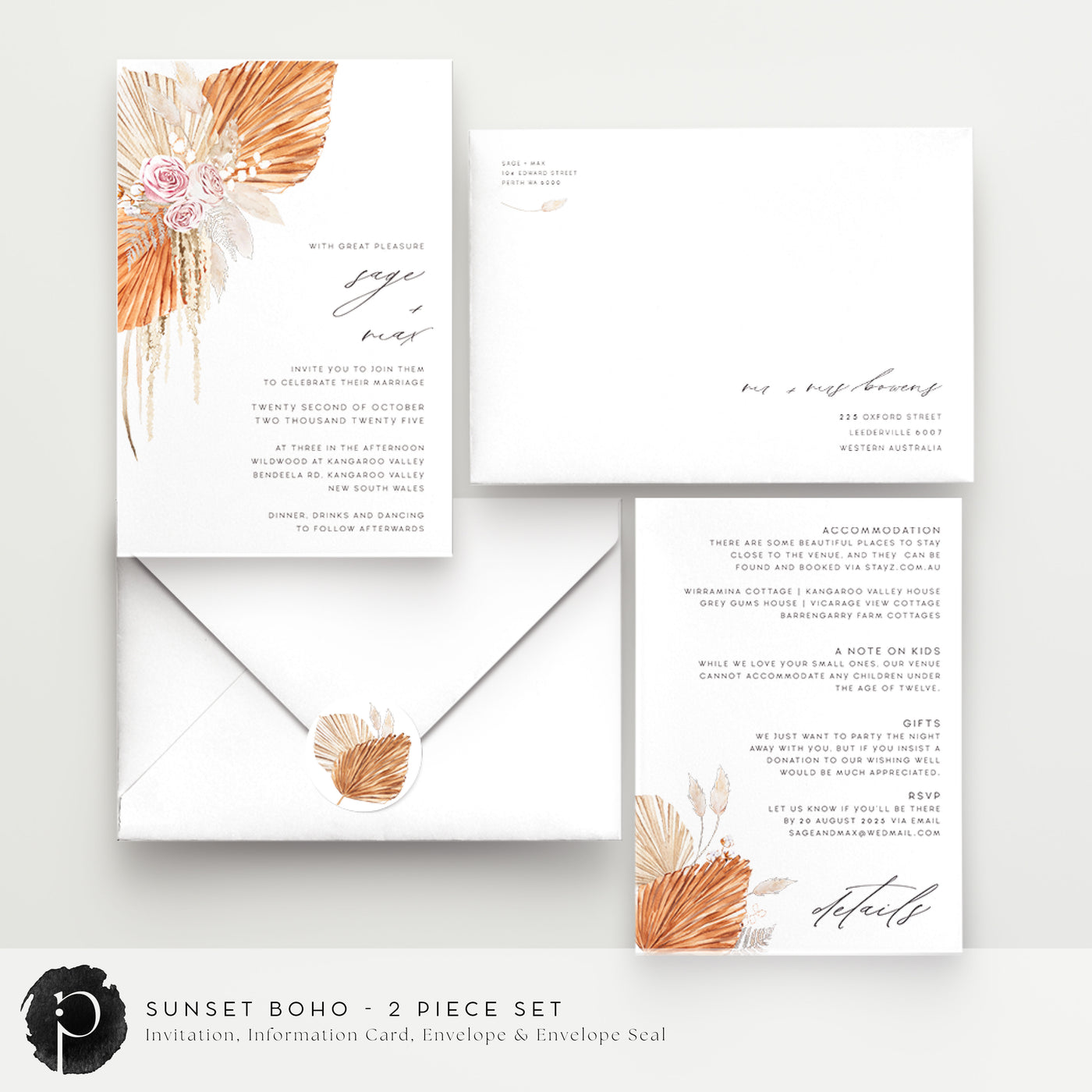 Sunset Boho - Wedding Invitation & Information/Details Card Set