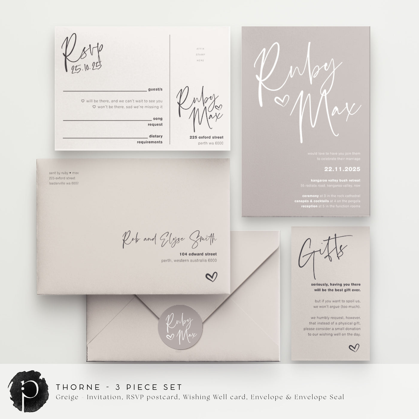 Thorne - Wedding Invitation, RSVP Card & Gift/Wishing Well Card Set