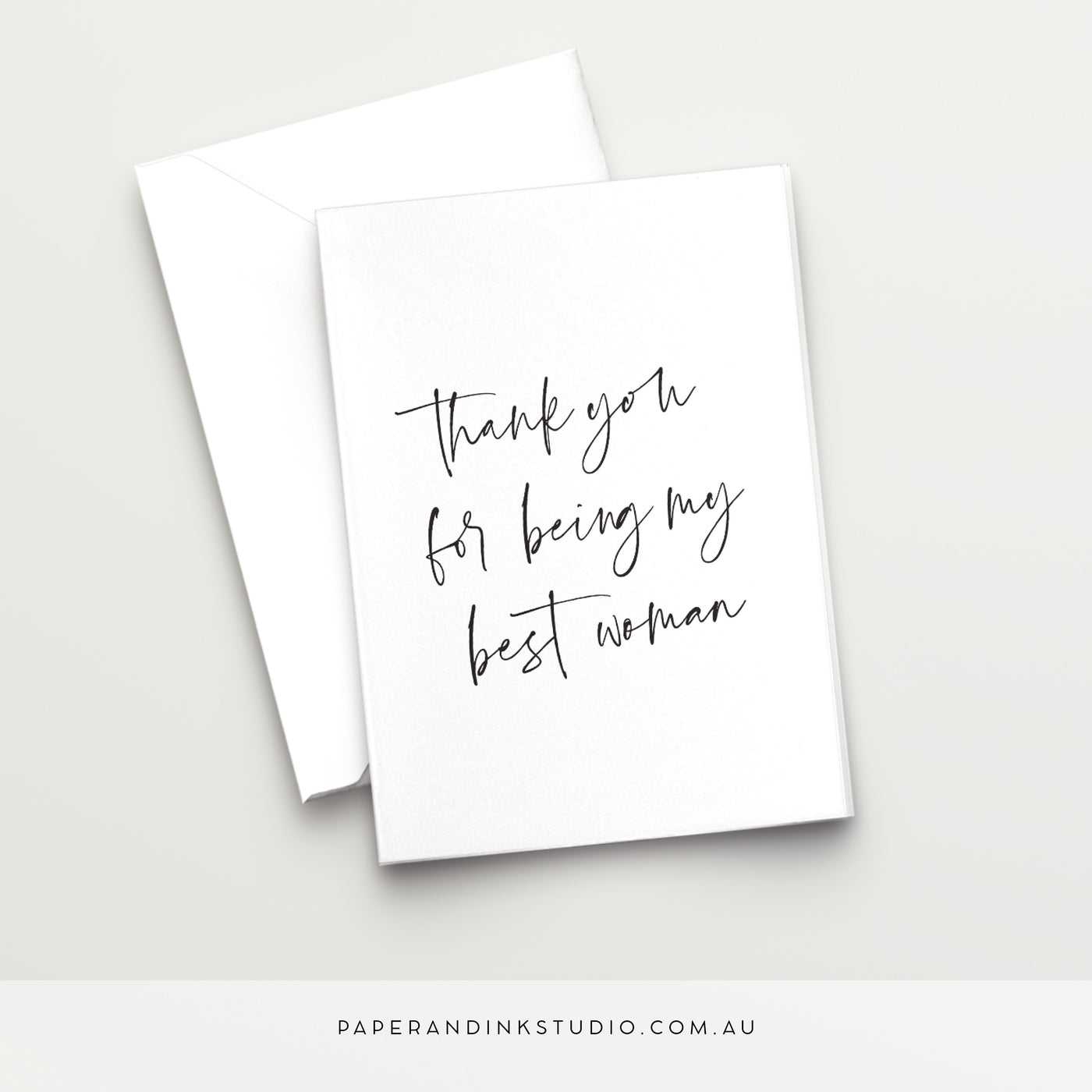 A white folded wedding card in a design called Thorne with black writing that says thank you for being my best woman, to give to your best woman on or after your wedding day.