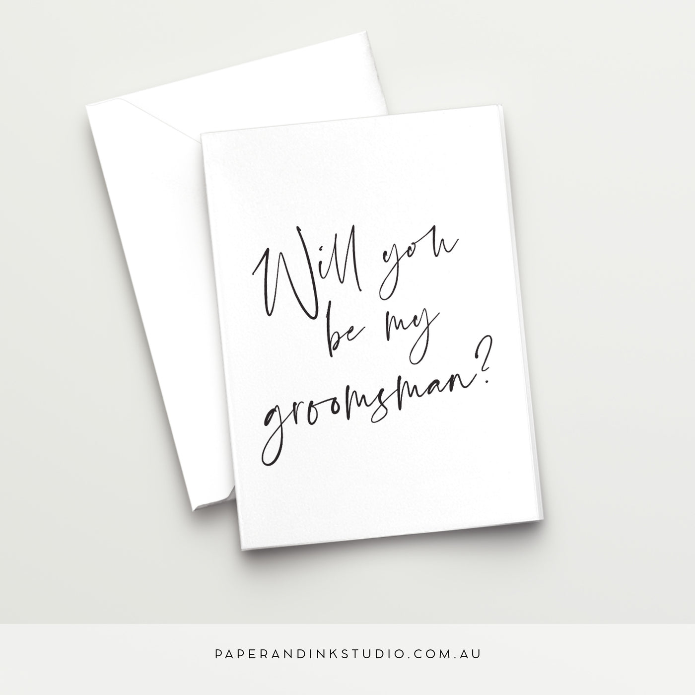 A white folded wedding or best woman card in a design called Thorne with black writing that says will you be my groomsman, asking your friend to be your groomsman at your wedding.