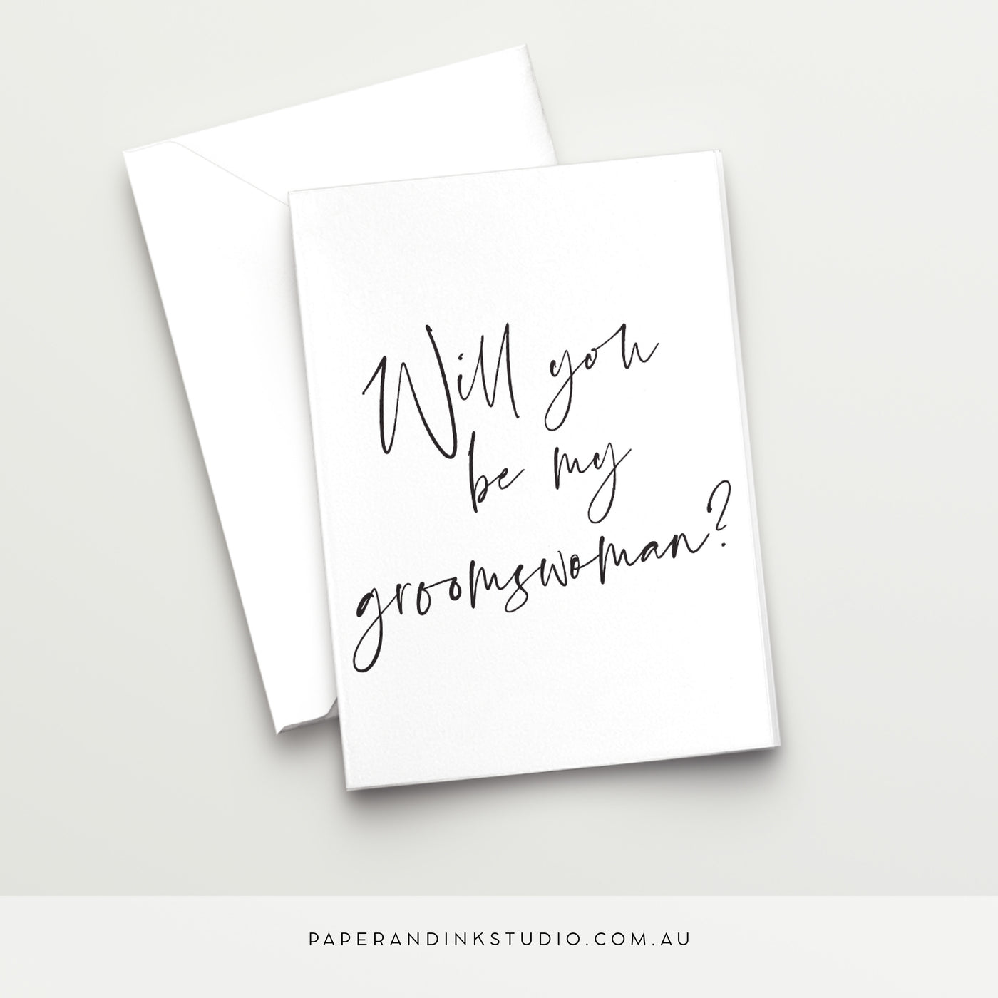 A white folded wedding or best woman card in a design called Thorne with black writing that says will you be my groomswoman, asking your friend to be your groomswoman at your wedding.