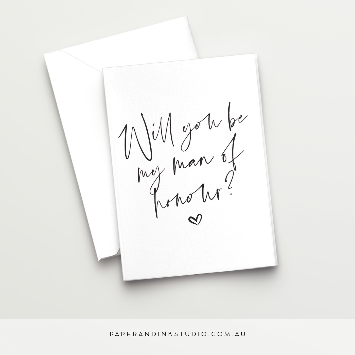 A white folded wedding or best woman card in a design called Thorne with black writing that says will you be my man of honour, asking your friend to be your man of honour at your wedding.