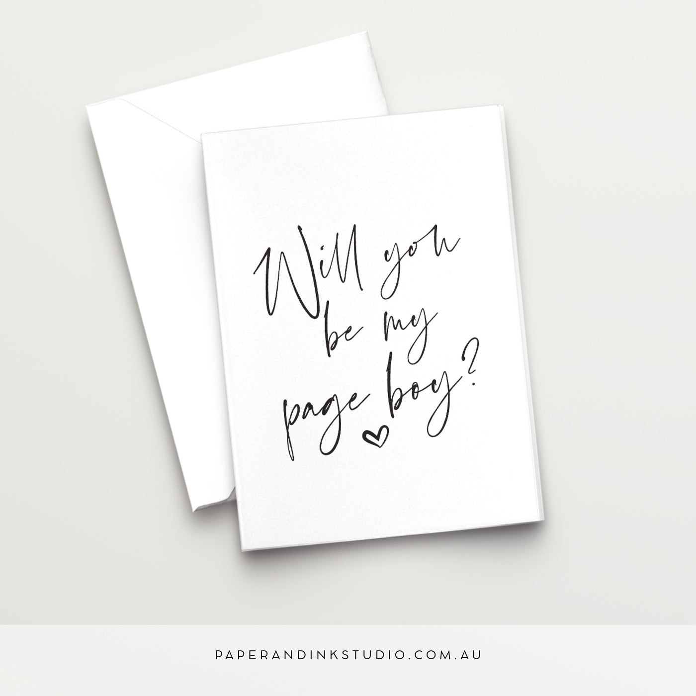 A white folded wedding or best woman card in a design called Thorne with black writing that says will you be my pageboy, asking your nephew, child, friend's child or godchild to be your page boy at your wedding.