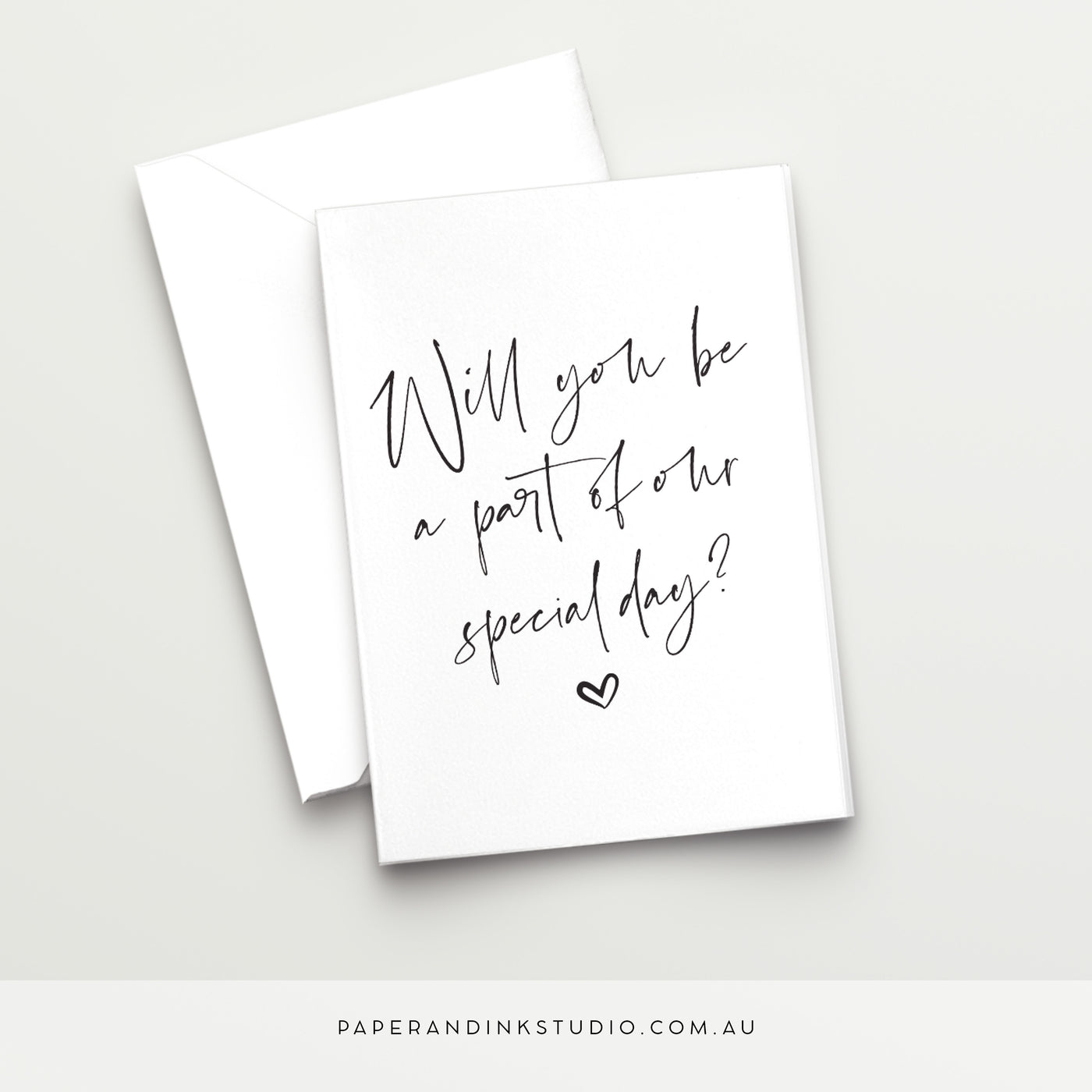 A white folded wedding or best woman card in a design called Thorne with black writing that says will you be a part of our special day, asking your friend to be part of your wedding party or involved in helping on your wedding.