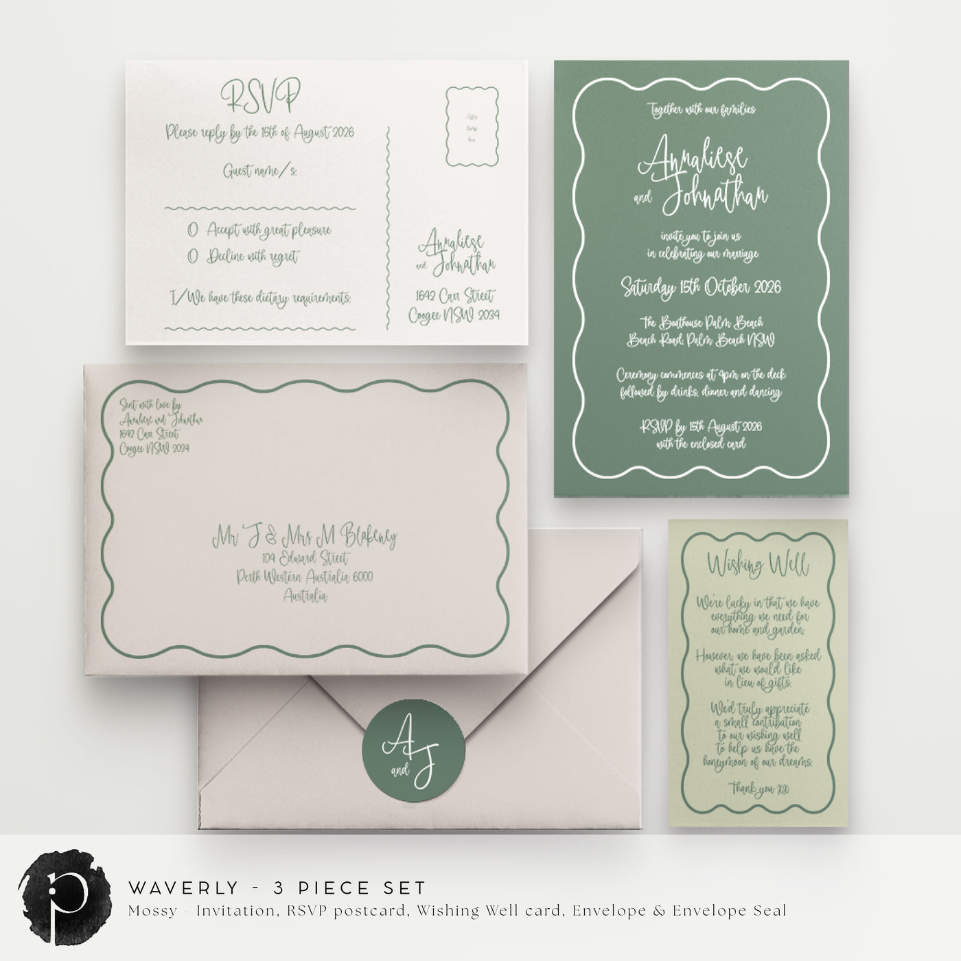Waverly - Wedding Invitation, RSVP Card & Gift/Wishing Well Card Set