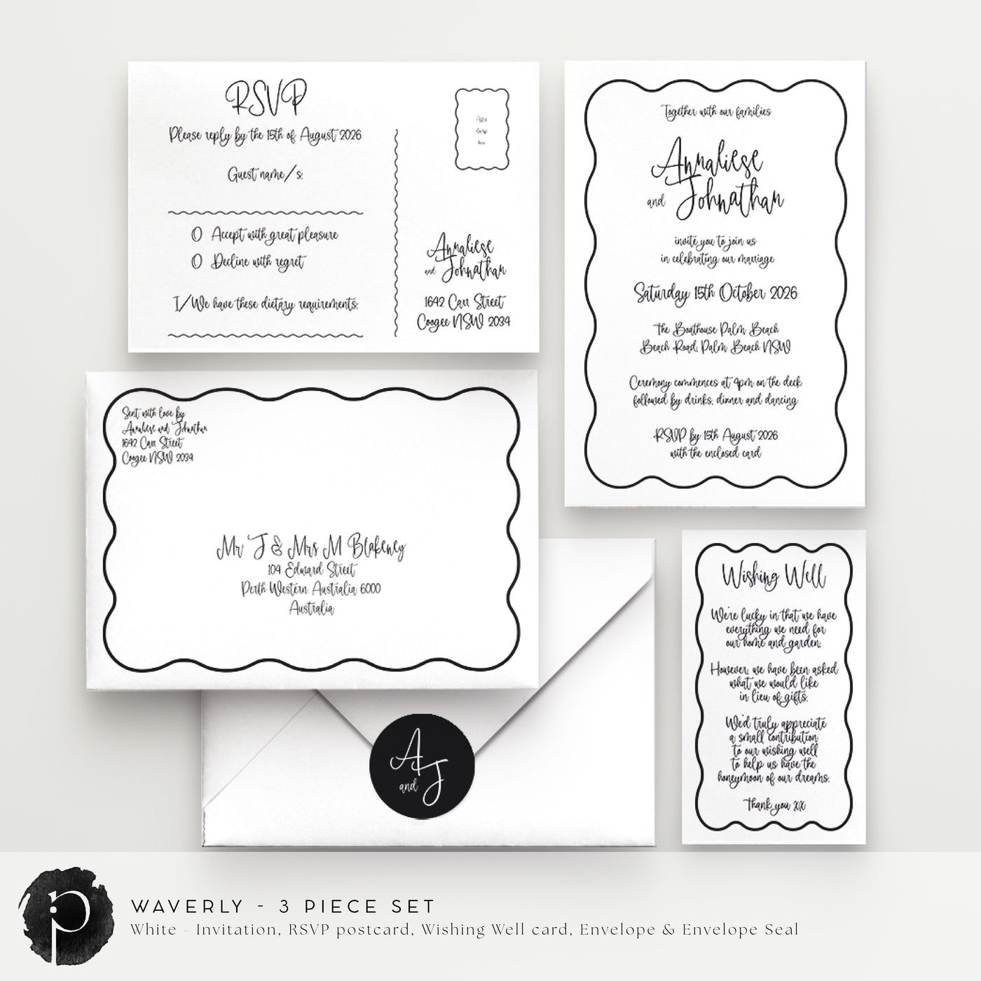Waverly - Wedding Invitation, RSVP Card & Gift/Wishing Well Card Set