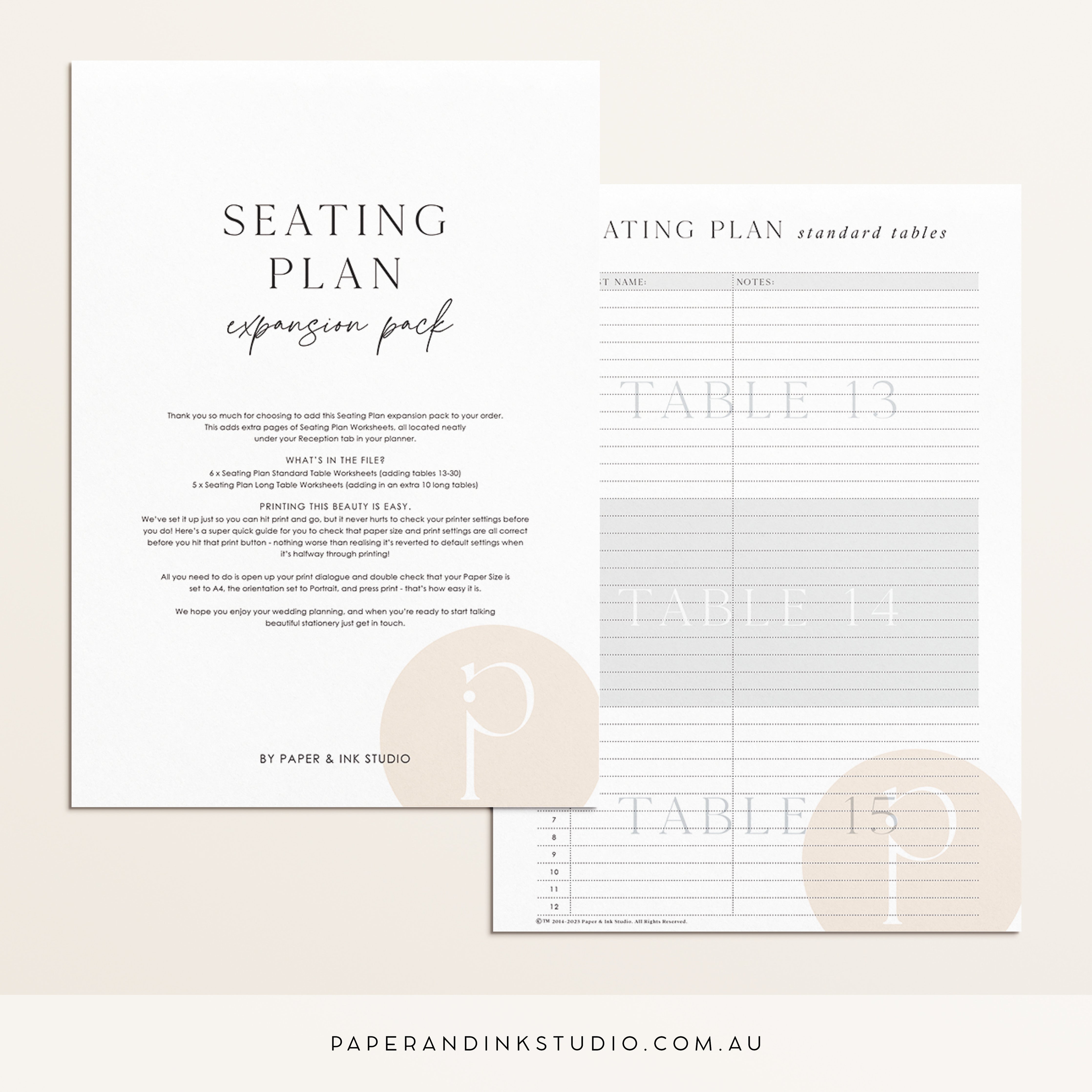 Seating Plan Expansion - Add On To Wedding Planner – Paper & Ink Studio